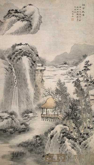 钱维乔 茅亭观瀑 立轴 154.5×88cm